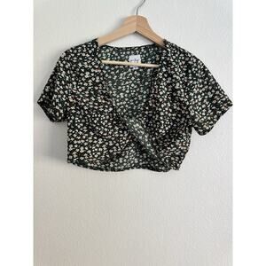 Polly Green Ditsy Floral Short Sleeve Wrap Crop Top Women's M
